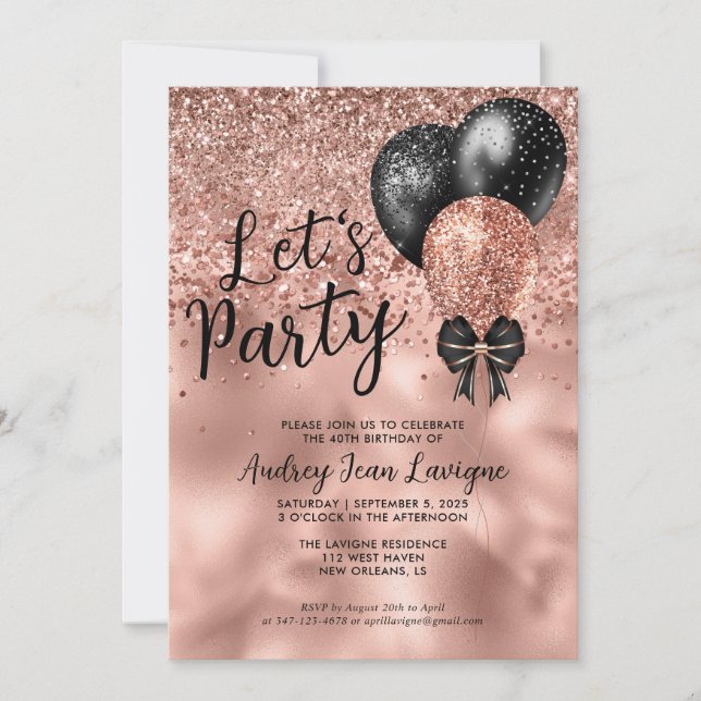 Moderner Black Rose Gold Ballon Lasse Party Geburt Einladung (Vorderseite)