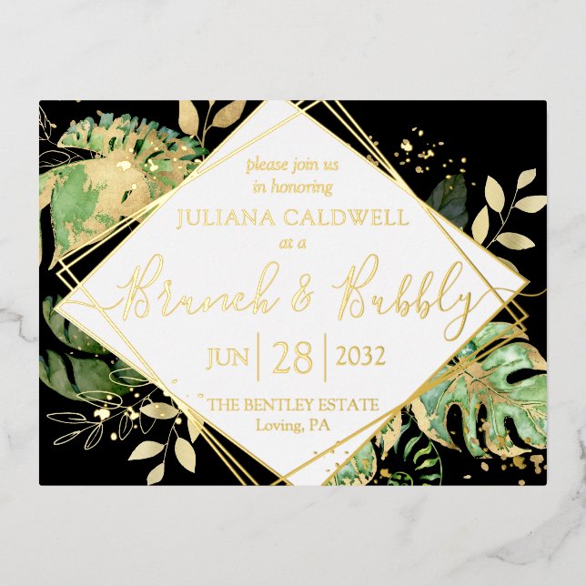 Moderner Black Tropical Bridal Brunch & Bubbly Gol Folie Einladungspostkarte (Vorderseite)
