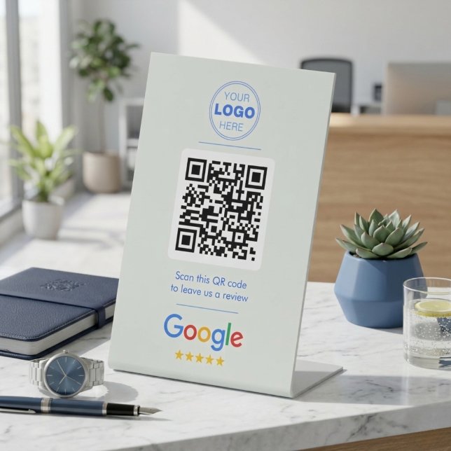 Moderner Blau-Weiß-QR-Code für Geschäftsbewertunge Sockelschild (Modern Blue & White Business Review QR Code Sign | Custom Logo)