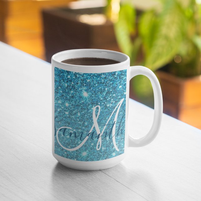 Moderner blauer Glitzer Glitzern Personalisiert Na Kaffeetasse (Von Creator hochgeladen)