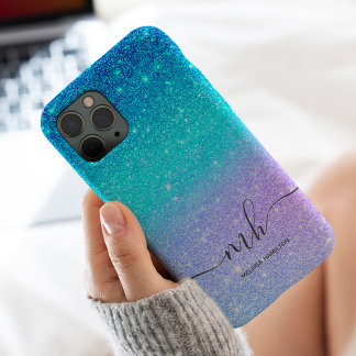 Moderner blauer Glitzer ombre lila Chic mit Monogr iPhone 13 Pro Max Hülle