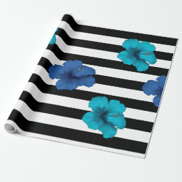 Moderner Blauer Hibiskus Schwarz-weiße Streifen Geschenkpapier