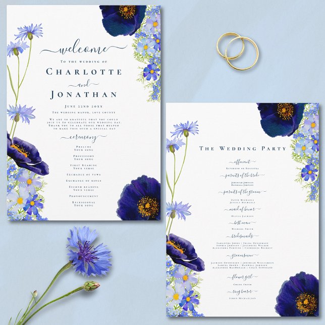 Moderner Blauer Hochzeitstag der Wildblume Programm (Elegant blue summer floral wedding programme with watercolor wildflowers and stylish typography )