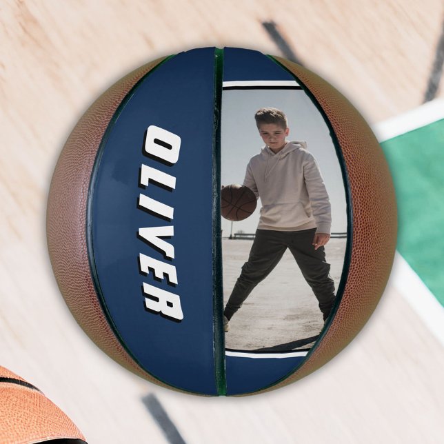 Moderner blauer Name Text Foto Basketball (Von Creator hochgeladen)