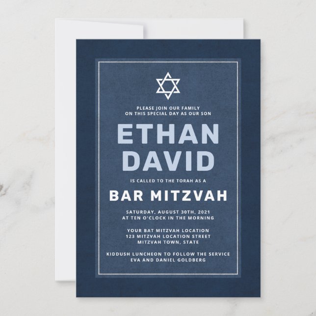 Moderner blauer Star von David Bar mitzvah Einladung (Vorderseite)