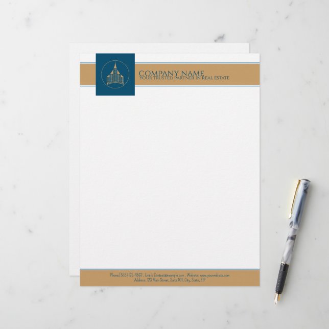 Moderner, blauer, weißer, brauner Real Anwesen Age Briefbogen (Vorderseite/Rückseite Beispiel)