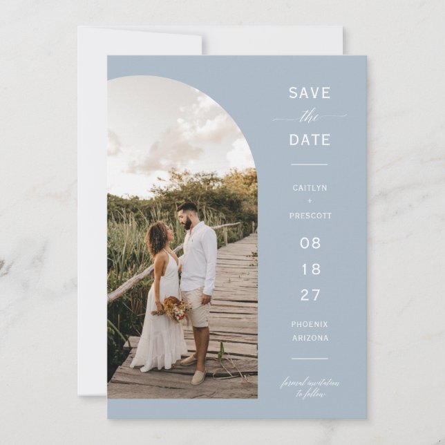 Moderner Blue Arch Foto QR-Code Save the Date Einladung (Vorderseite)