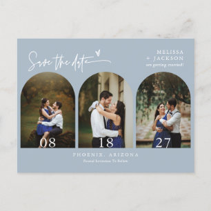 Moderner Blue Arch Foto QR-Code Save the Date Postkarte