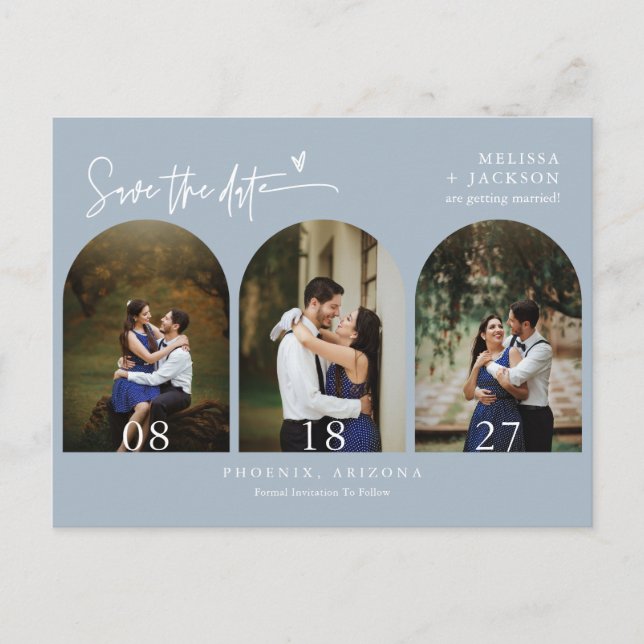 Moderner Blue Arch Foto QR-Code Save the Date Postkarte (Vorderseite)