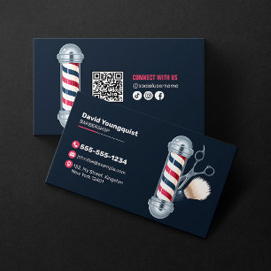 Moderner Blue Barbershop Friseur Stylist QR Visitenkarte