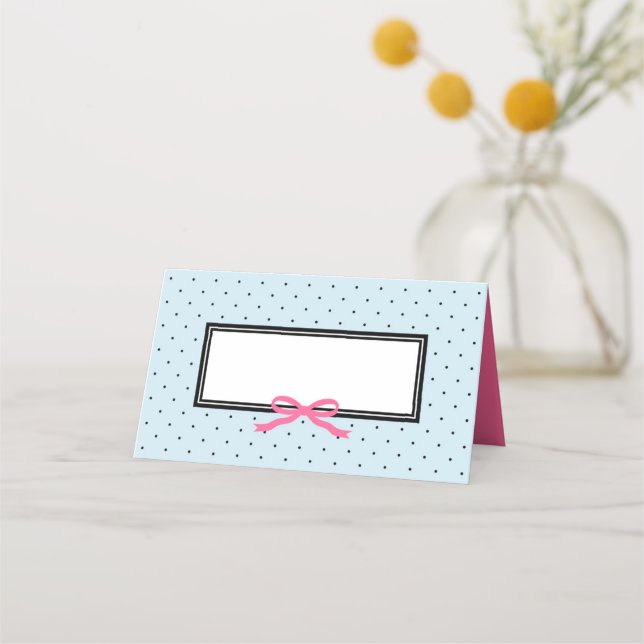 Moderner Blue Black Polka Dot mit rosa Ribbon Platzkarte (Vorderseite)