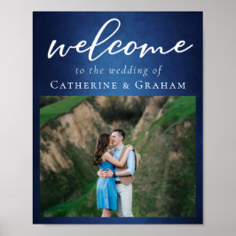 Moderner Blue Couple Foto Abend Hochzeit Empfang Poster