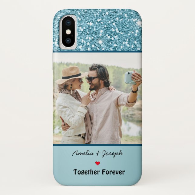 Moderner Blue Glitzer Custom Liebe Couple Foto Case-Mate iPhone Hülle (Rückseite)
