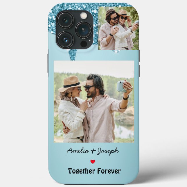 Moderner Blue Glitzer Custom Liebe Couple Foto Case-Mate iPhone Hülle (Rückseite)