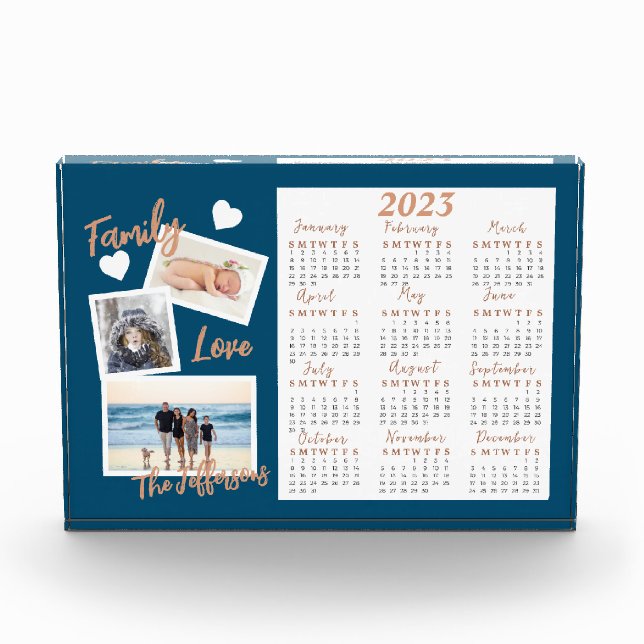 Moderner Blue & Gold New Year Calendar Foto Block (Vorderseite)
