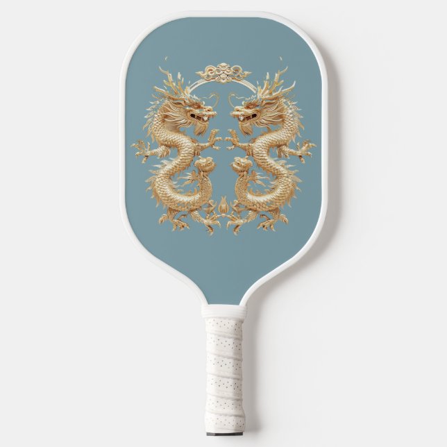 Moderner Blue Gold zweiköpfiger Drache Pickleball Schläger (Vorderseite)