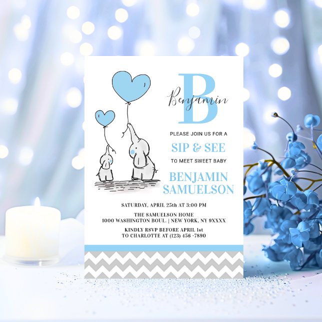 Moderner Blue Gray Elephant SIP & SEE Baby Boy Einladung (Modern Blue Grey Elephant SIP & SEE Baby Boy Invitation)