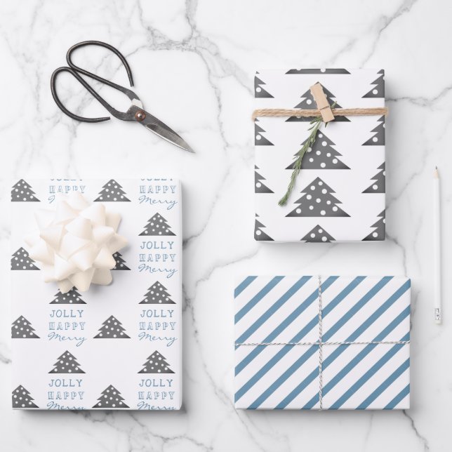 Moderner Blue Gray Weihnachtsbaum Pattern Urlaub Geschenkpapier Set (Vorderseite)