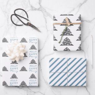 Moderner Blue Grey Weihnachtsbaum Musterurlaub Geschenkpapier Set