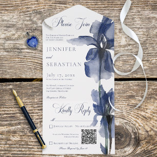 Moderner Blue Iris Blume QR All In One Einladung