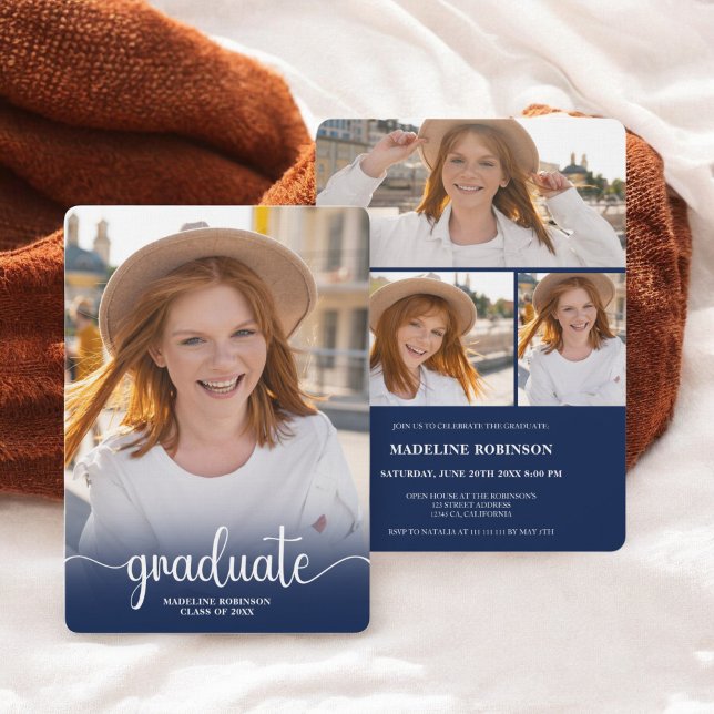 Moderner Blue minimaler 4-Foto-Script-Abschluss Einladung (Modern Blue minimal 4-Photo script Graduation Invitation)