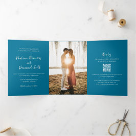 Moderner Blue QR Code Einfache Hochzeit Dreifach Gefaltete Einladung