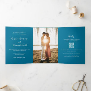 Moderner Blue QR Code Einfache Hochzeit Dreifach Gefaltete Einladung