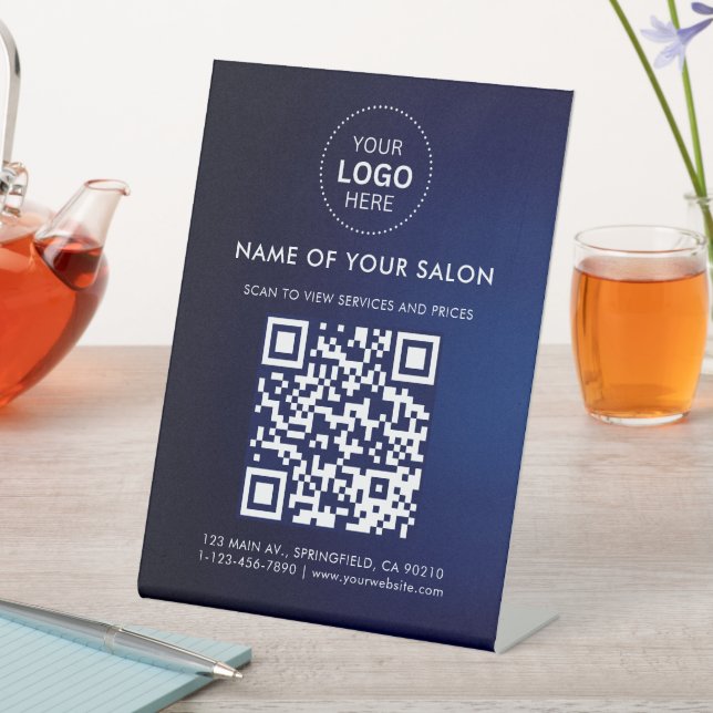 Moderner Blue Salon Business QR Code und Logo Sockelschild (In Situ)