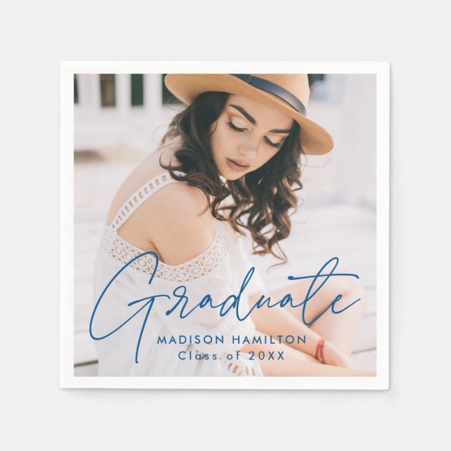 Moderner Blue Script Foto Abschluss Serviette (Vorderseite)