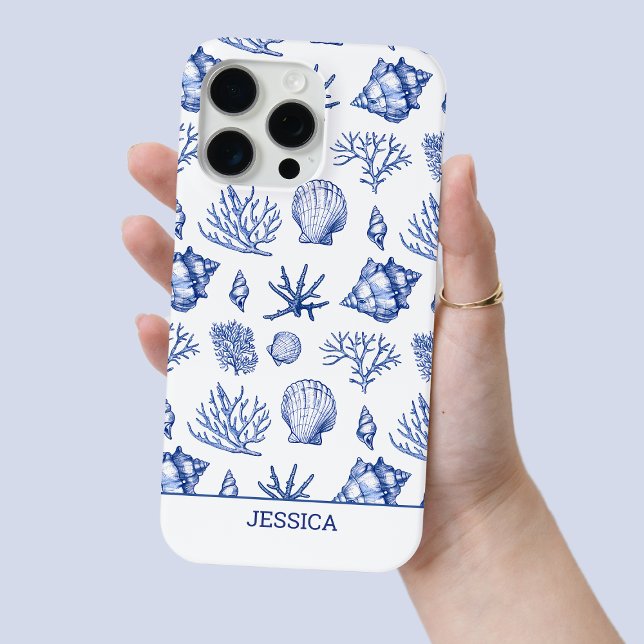 Moderner Blue Seashell Individuelle Name Coastal B Case-Mate iPhone Hülle (Modern Blue Seashell Custom Name Coastal Beach Case-Mate iPhone Case)