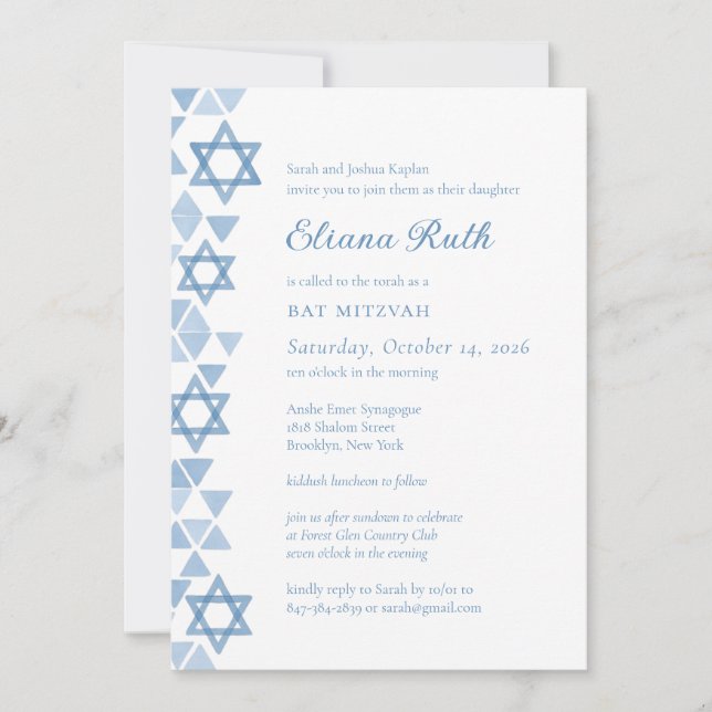 Moderner Blue Star von David Bat Mitzvah Einladung (Vorderseite)