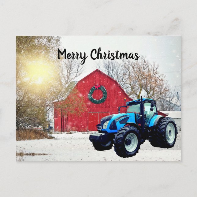 Moderner Blue Traktor in Barnyard Weihnachten Postkarte (Vorderseite)