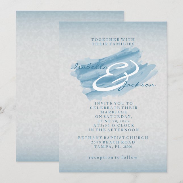 Moderner Blue Watercolor Splash Wedding Style Einladung (Vorne/Hinten)