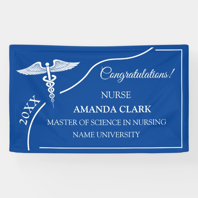 Moderner Blue & White Caduceus Nurse Abschluss Banner (Horizontal)