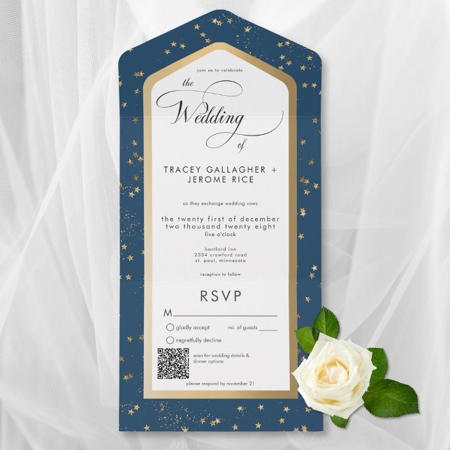 Moderner Blue & White Starry Gold QR Code All In One Einladung (Modern Blue & White Starry Gold All In One Wedding Invitation with QR Code)