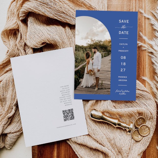 Moderner Blue Yonder Arc Foto QR-Code Save the Dat Einladung (Von Creator hochgeladen)