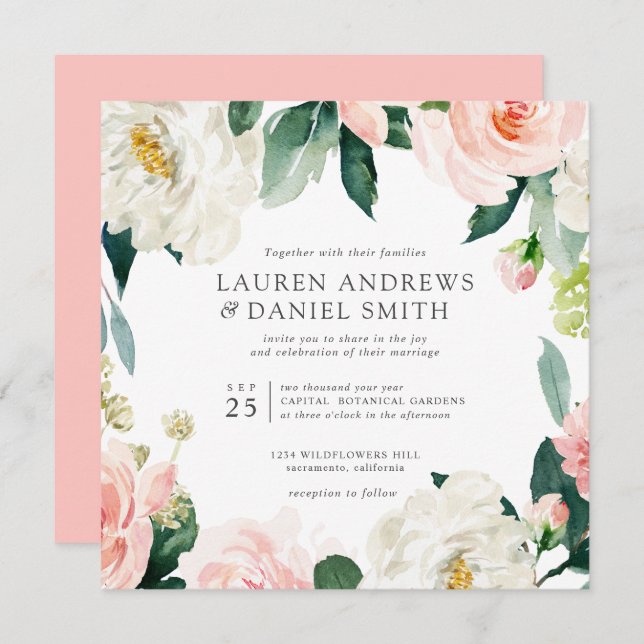 Moderner Blues | Chic Botanical Garland Hochzeit Einladung (Vorne/Hinten)