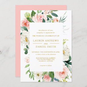 Moderner Blues Chic Botanical Gold Floral Weddin Einladung