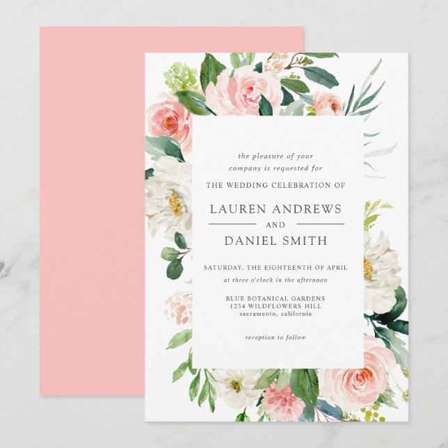 Moderner Blues | Chic Botanical Pink Floral Weddin Einladung (Vorne/Hinten)