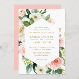Moderner Blues | Chic Geometric Gold Floral Weddin Einladung