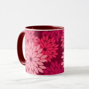 Moderner BlumenKimono-Druck, korallenrotes Rosa u. Tasse