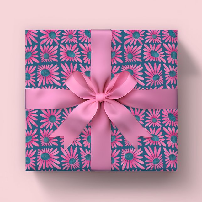 Moderner Blumenklotz mit rosafarbener Farbe Geschenkpapier (Modern block print pink floral retro kitsch wrapping paper rolls.)