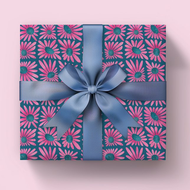 Moderner Blumenklotz mit rosafarbener Farbe Geschenkpapier Set (Pink and blue block print retro kitsch floral wrapping paper sheets. )