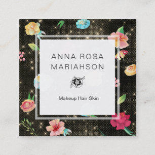 *~* moderner BlumenRosen-Muster-Goldsequin-Glitzer Quadratische Visitenkarte