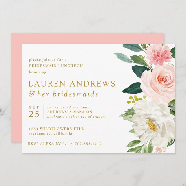 Moderner Blush Chic Floral Gold Bridesmaid Luncheo Einladung (Vorne/Hinten)
