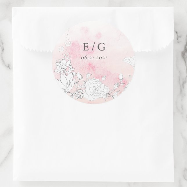 Moderner Blush Floral Monogram Wedding Umschlag Au Runder Aufkleber (Tasche)
