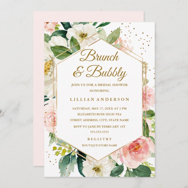 Moderner Blütengoldbrunch mit Blumenmotiven Einladung (Vorne/Hinten)