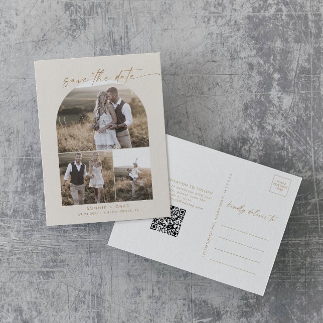 Moderner Bogen | Creme QR FotoCollage Save the Dat Einladungspostkarte (Von Creator hochgeladen)