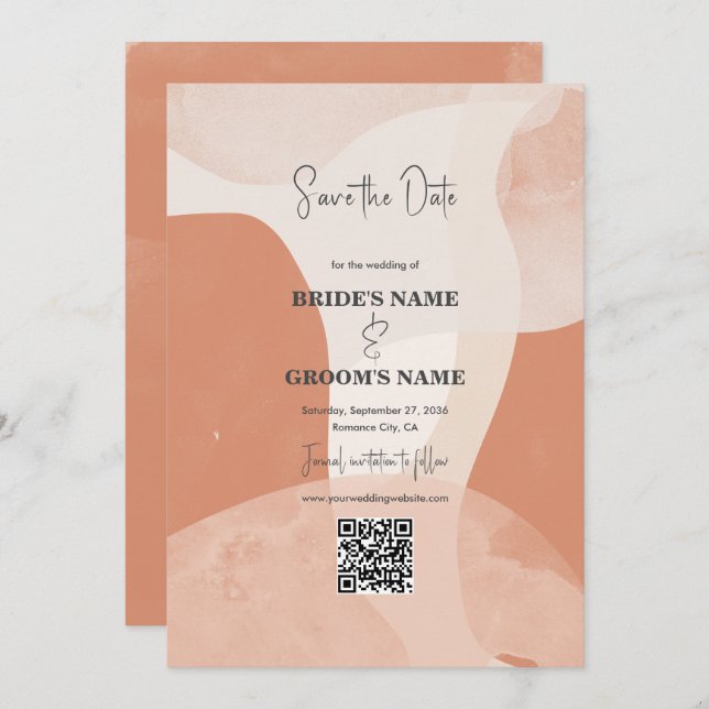 Moderner Bohemischer Terracotta Wedding QR Code Save The Date (Vorne/Hinten)