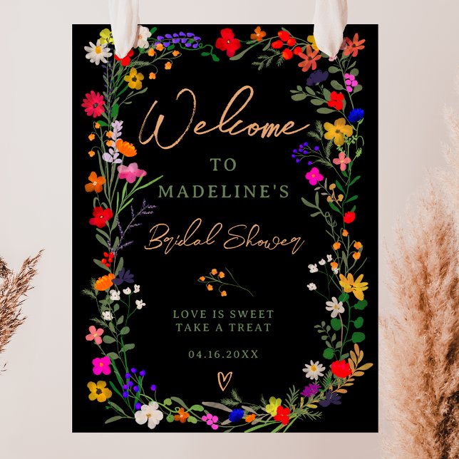 Moderner böhmischer, heller Wild-Blume Begrüßung Poster (Modern boho bright wild flowers bridal welcome poster on black)